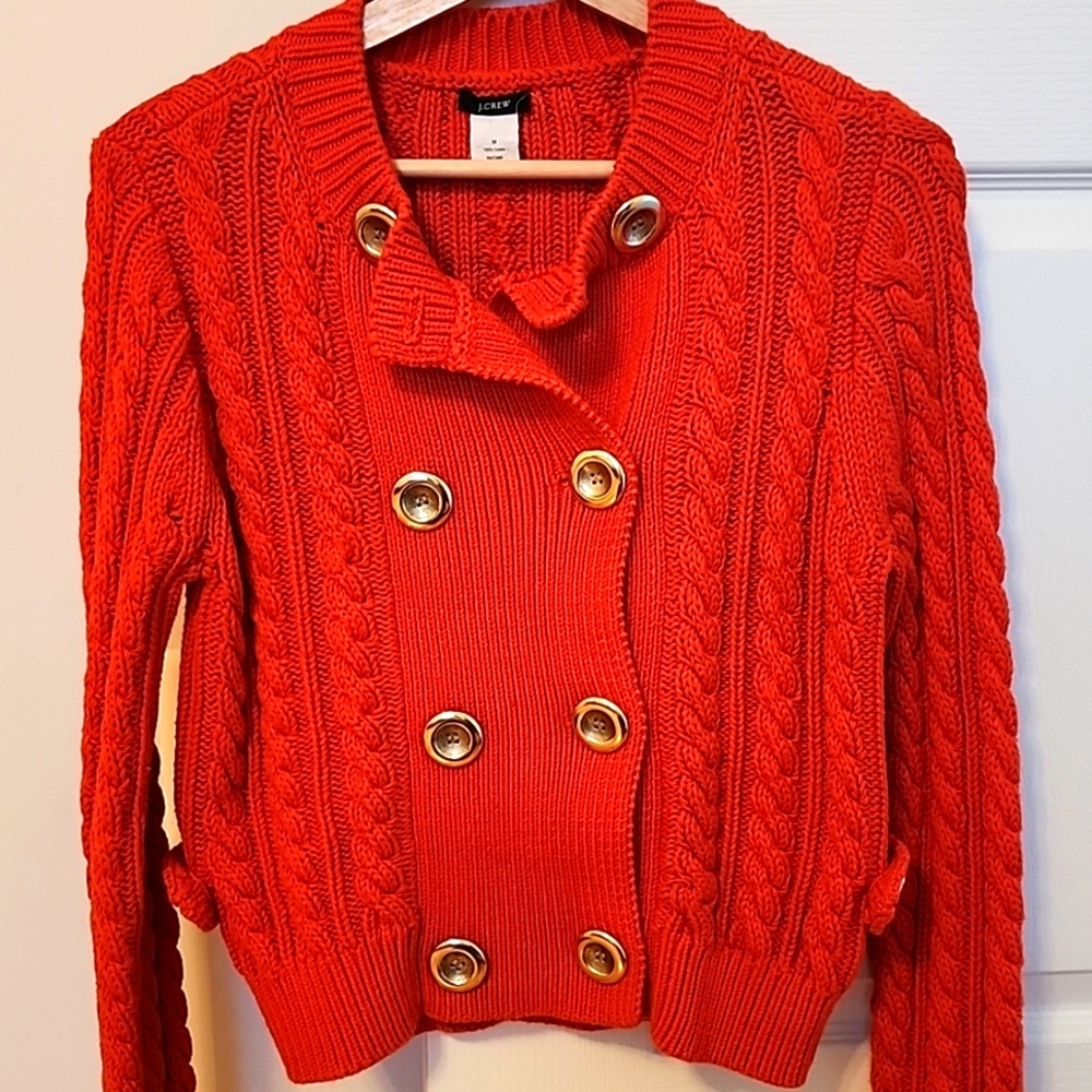 J Crew Orange Cable Double Gold Button Cotton Cardigan Sweater Size M